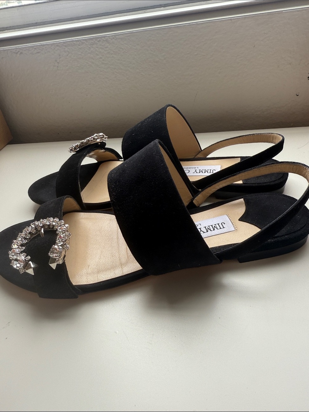 Jimmy Choo Black Saphera flat suede sandals with crystal buckle - Picture 6 of 9